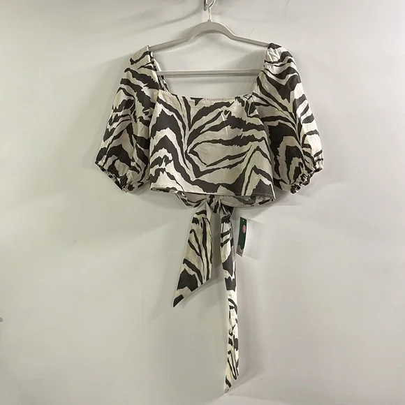 HALARA NWT Boho Beach Zebra Puff SLV Tie Back Square Neck Brown/Tan Crop Top XL - Picture 12 of 16